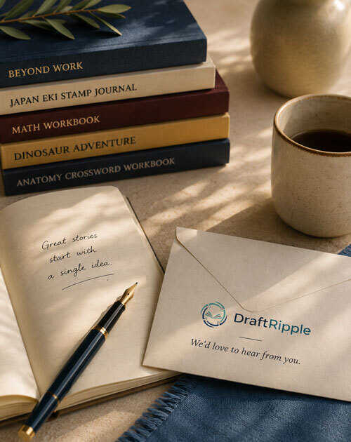 DraftRipple books, notebook and coffee on a desk